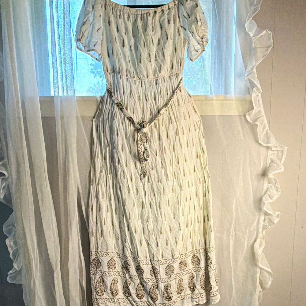Liapogii Women's XL White Brown Paisley Off Shoulder Puff Sleeve Maxi Dress